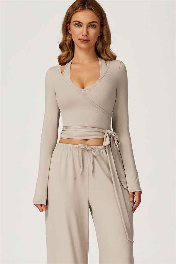 The Sprint Long Sleeve Crop Top Halter Tank Top Sweatpants 3-Piece Set Almond