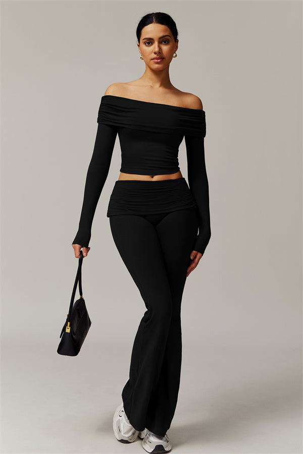 The Luxe Ruched Long Sleeve Off-Shoulder Top Flared Leggings 2-Piece Set