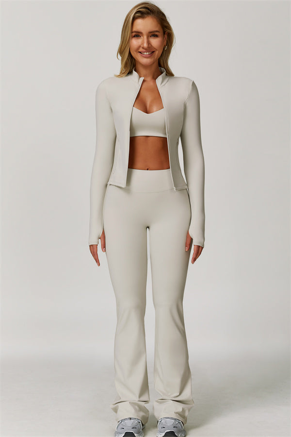 The Refresh Jacket Sports Bra Flared Leggings 3-Piece Set