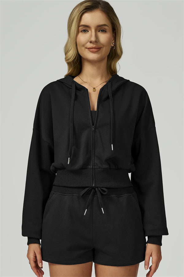 The FlexFit Crop Hoodie Shorts 2-Piece Set Black