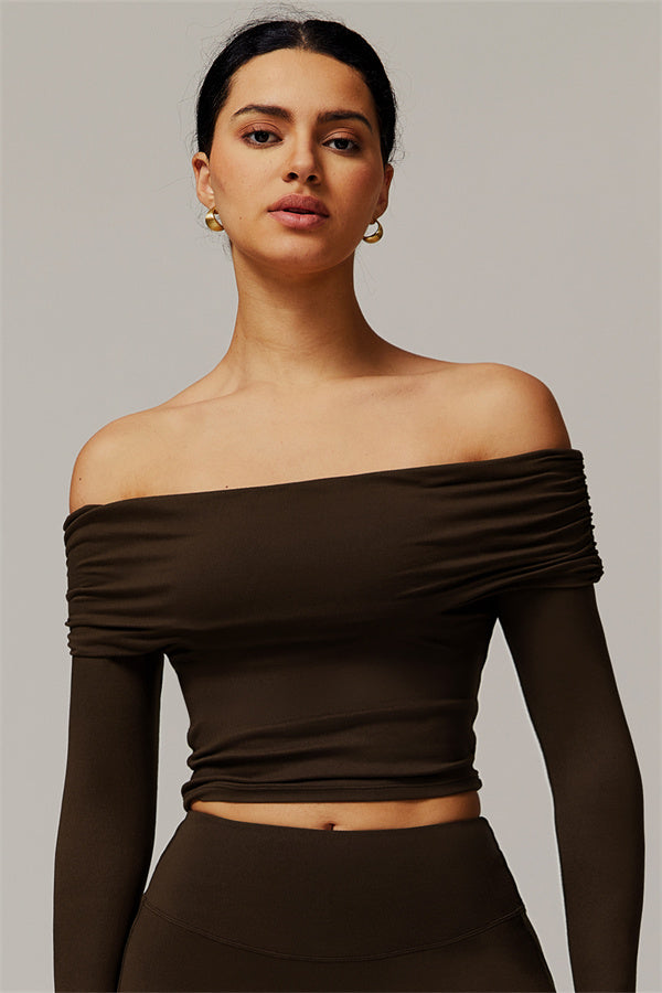 The Luxe Ruched Long Sleeve Off-Shoulder Top Bistre