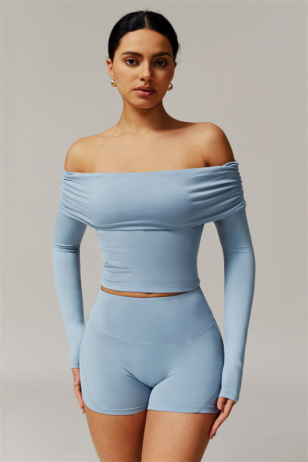 The Luxe Ruched Long Sleeve Off-Shoulder Top Shorts 2-Piece Set Cornflower