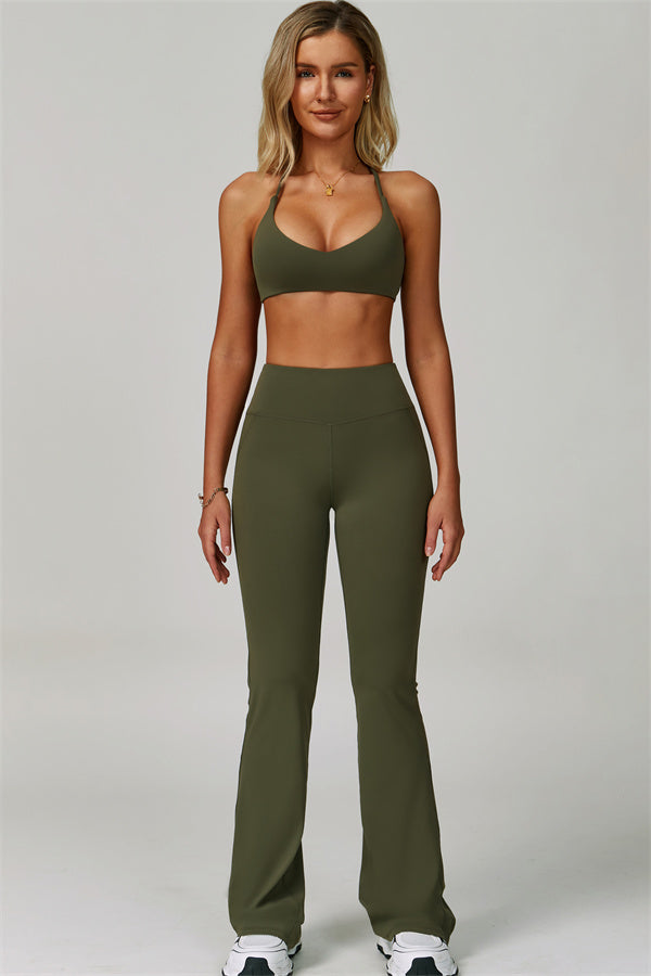 The Bold Cross Back Sports Bra Flared Leggings 2-Piece Set Woodland