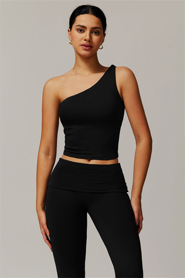 The Luxe One-Shoulder Crop Top Flared Leggings 2-Piece Set Black