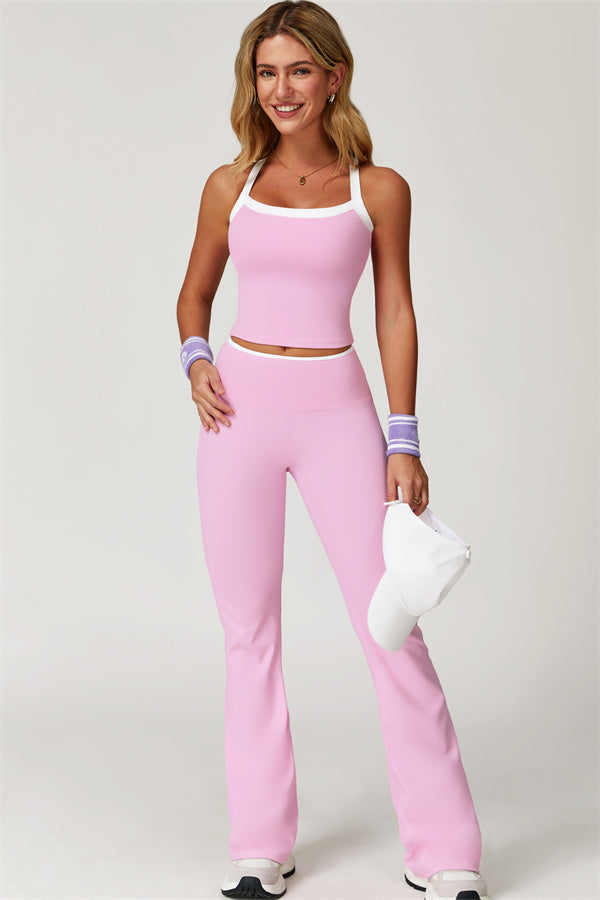 The Quest Cross Back Crop Top Flared Leggings 2-Piece Set Vanilla