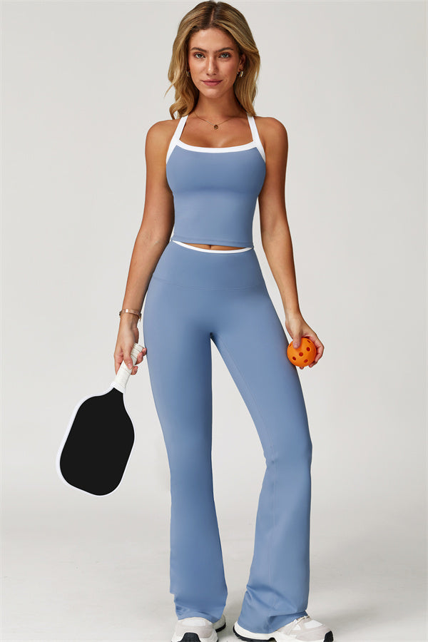 The Quest Cross Back Crop Top Flared Leggings 2-Piece Set Amethyst