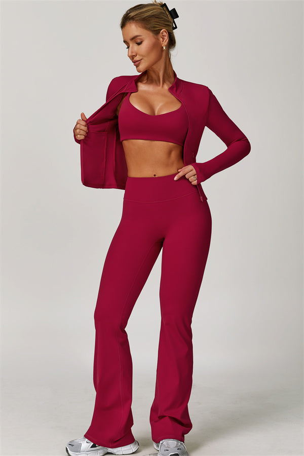 The Refresh Jacket Sports Bra Flared Leggings 3-Piece Set Vivid Carmine