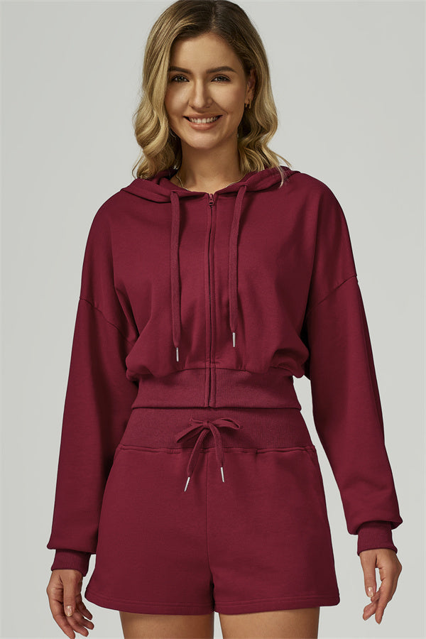 The FlexFit Crop Hoodie Shorts 2-Piece Set Burgundy