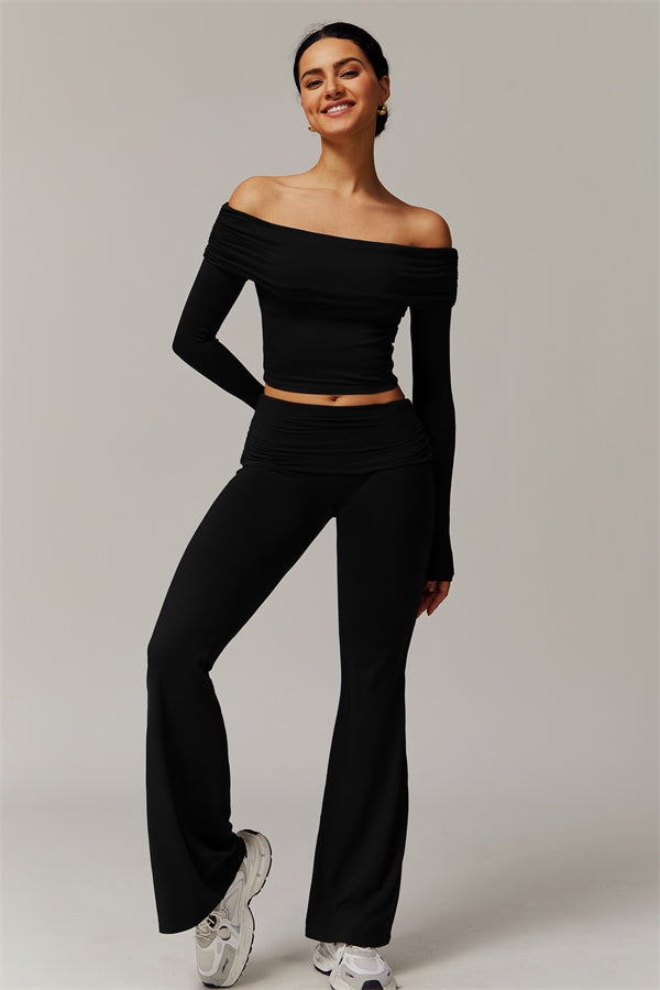 The Luxe Ruched Long Sleeve Off-Shoulder Top Flared Leggings 2-Piece Set