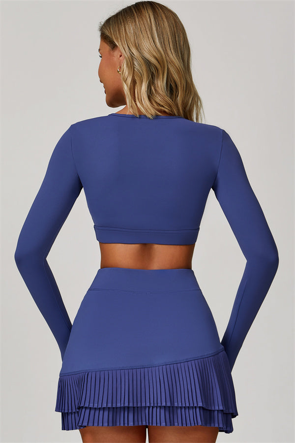 The Lavish Long Sleeve Cut-out Crop Top Tennis Skirt 2-Piece Set
