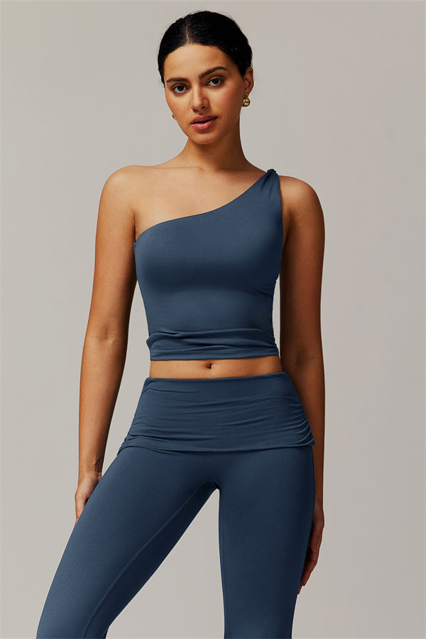 The Luxe One-Shoulder Crop Top Flared Leggings 2-Piece Set Chambray