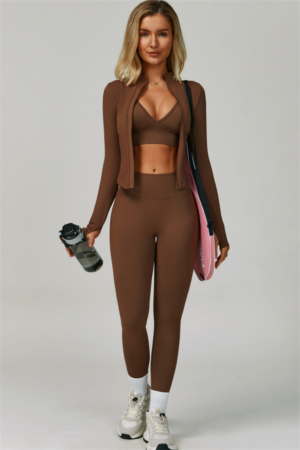 The Empower Jacket Sports Bra Leggings 3-Piece Set Taupe