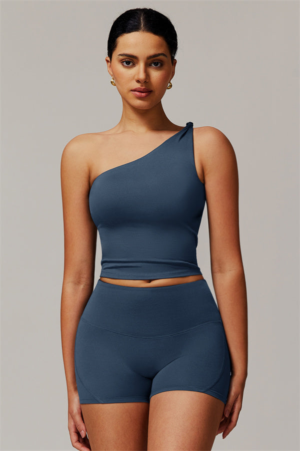 The Luxe One-Shoulder Crop Top Shorts 2-Piece Set Chambray