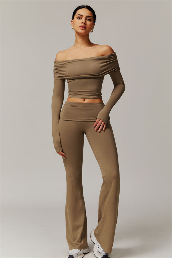 The Luxe Ruched Long Sleeve Off-Shoulder Top Flared Leggings 2-Piece Set