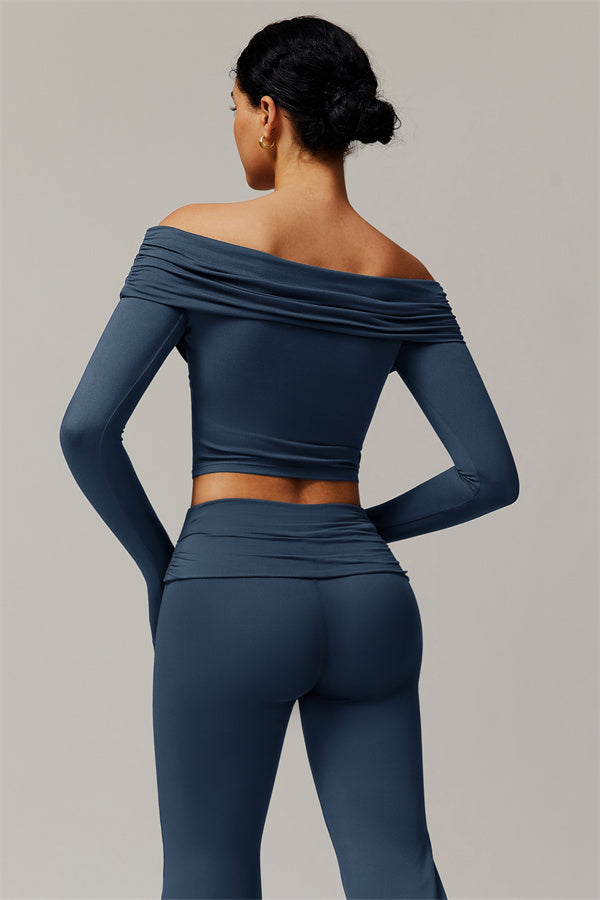 The Luxe Ruched Long Sleeve Off-Shoulder Top Flared Leggings 2-Piece Set