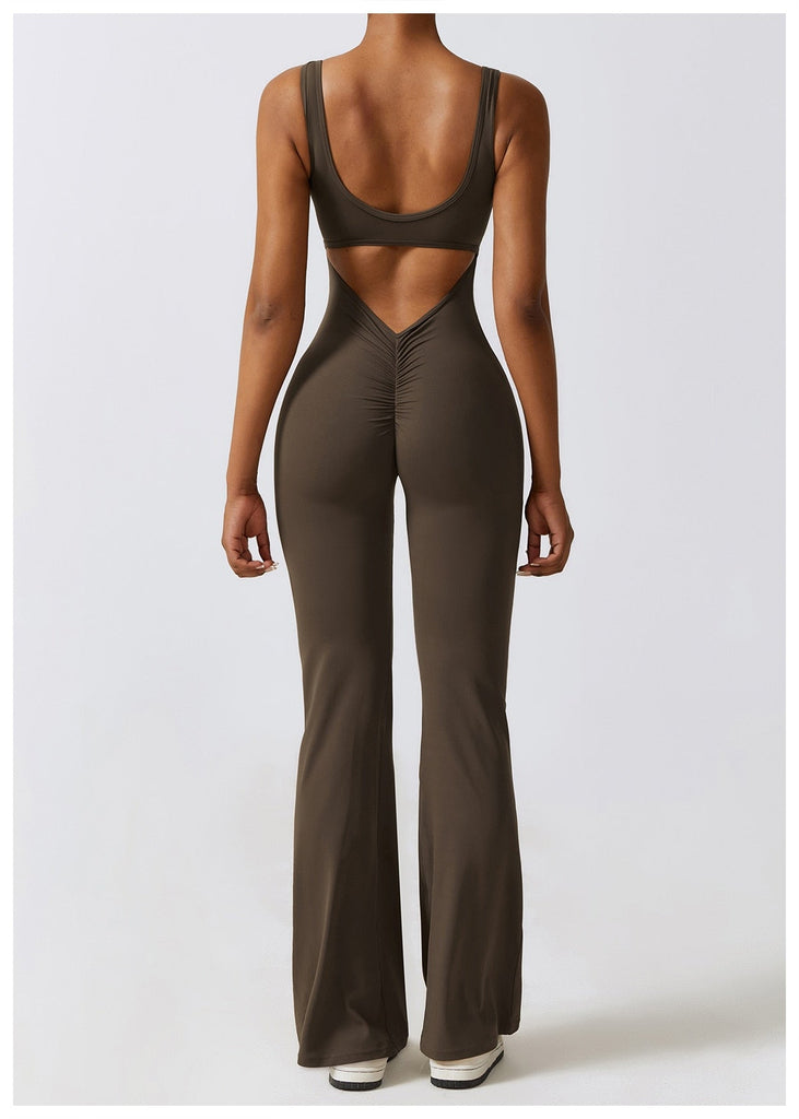 Scrunch V Back Flared Jumpsuit Brown