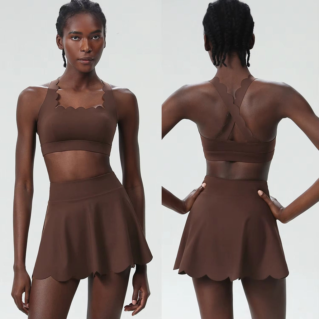 Scallop Square Top & Skort Set Brown