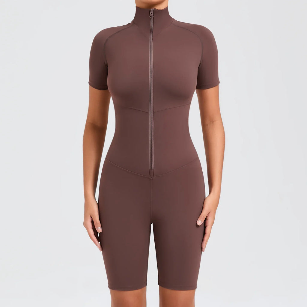 Core T-Sleeve Zip Romper Brown